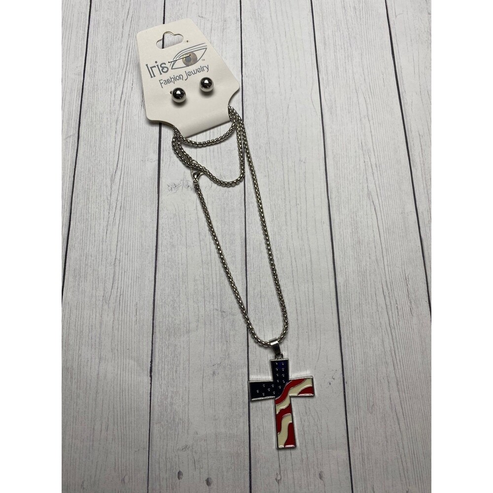 Iris Fashion Jewelry Patriotic Cross Necklace Earring Set 2 Pieces